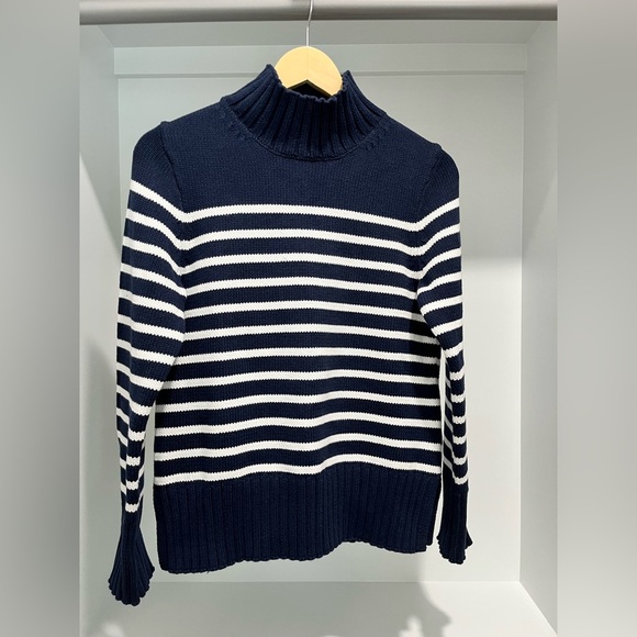 J crew Cotton turtleneck knit sweater in navy ivory stripe NEW size XS - Picture 3 of 11